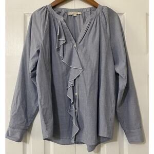 Loft Blue Striped Ruffled Blouse Sz Medium Button Up Long Sleeve Peasant Cottage